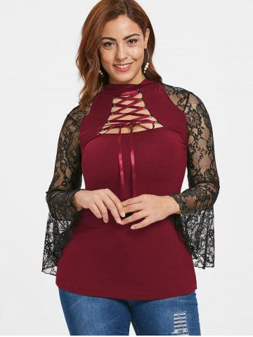 Plus Size Bell Sleeve Lace Up Lacing T-shirt, Red wine