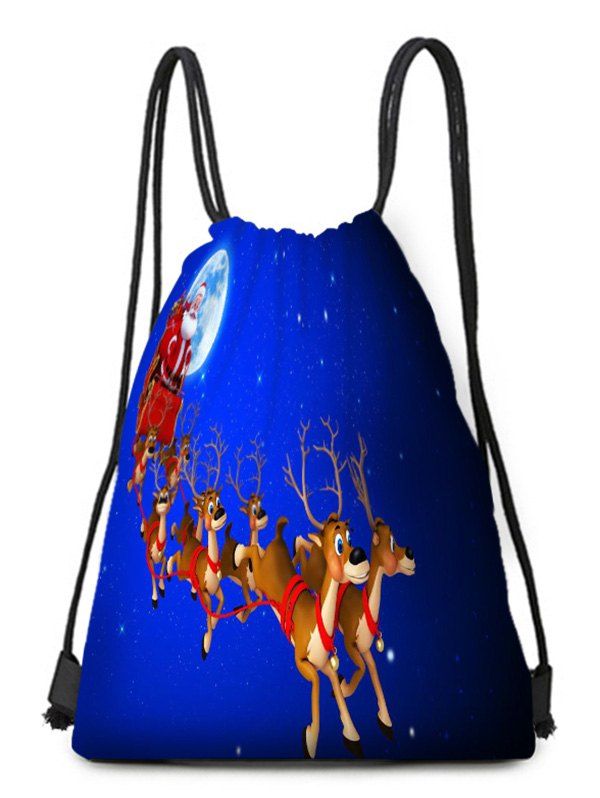 

Christmas Elk Sleigh Print Drawstring Backpack Candy Bag, Blue