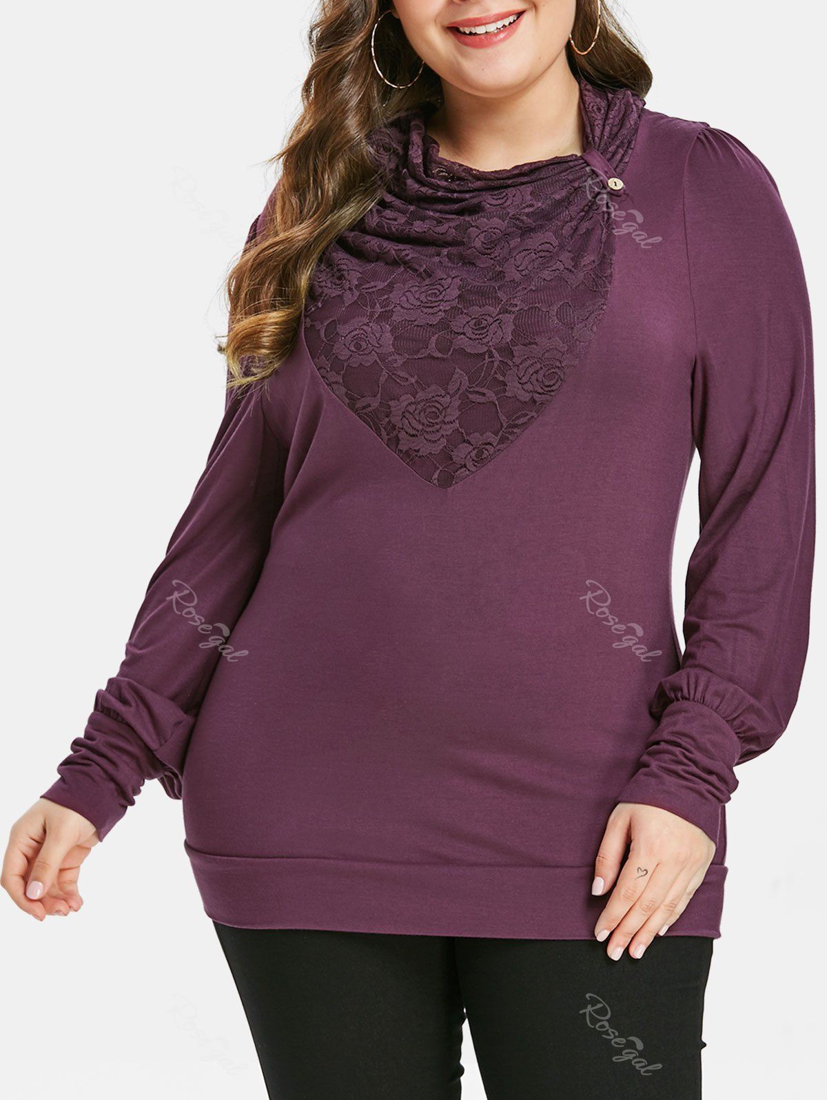

Plus Size Lace Insert Cowl Neck T-shirt, Plum velvet
