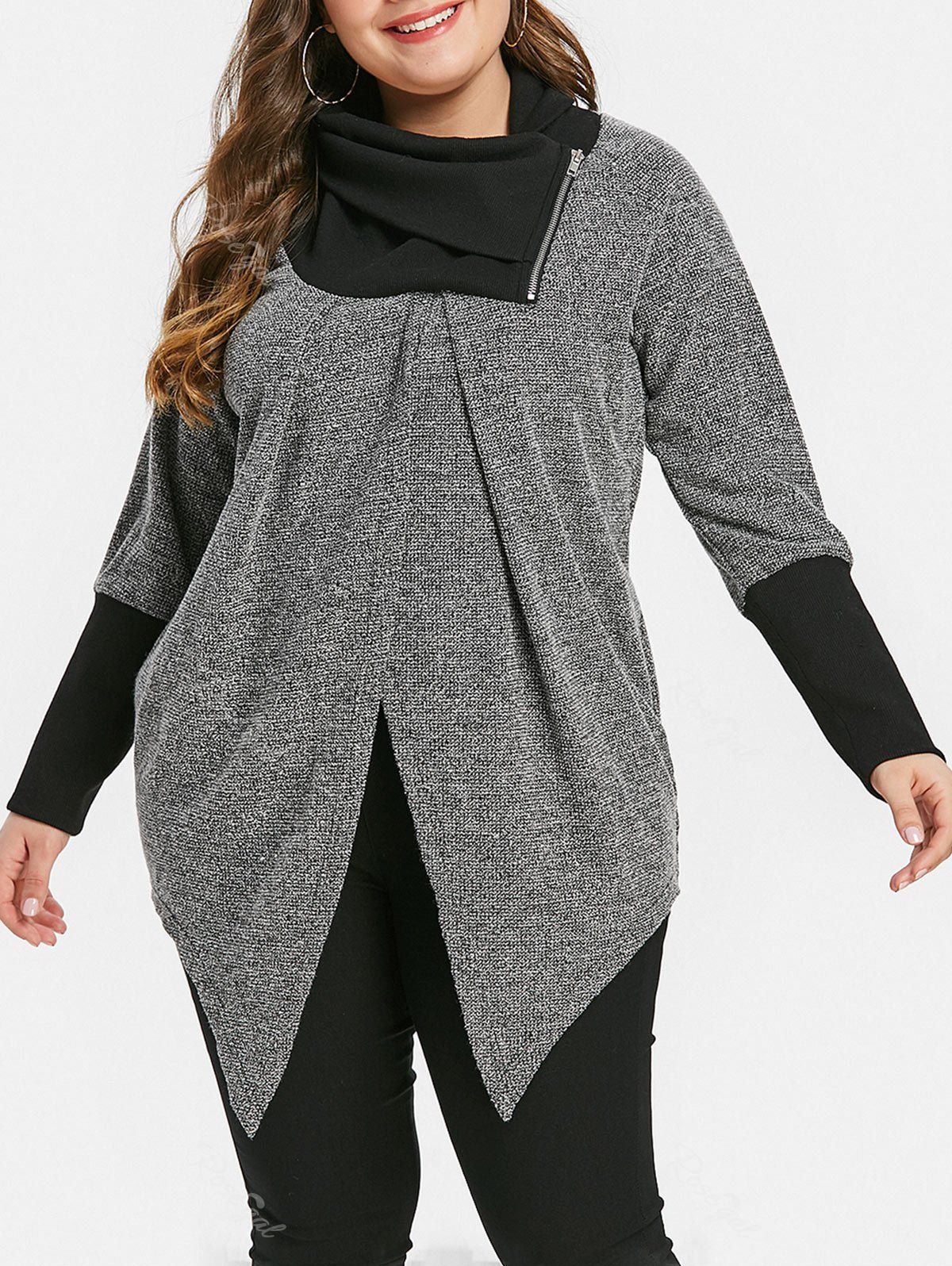 

Plus Size Front Split Zip Turtle Neck Top, Gray