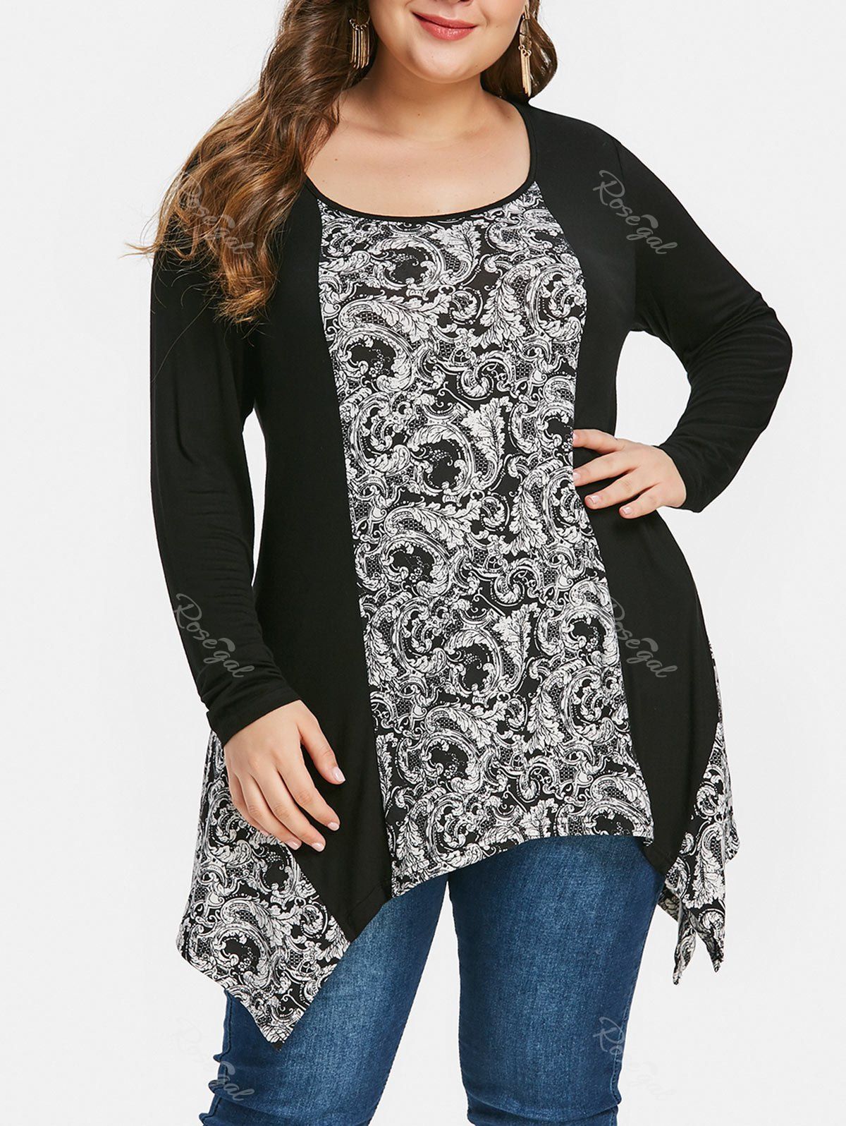 

Plus Size Handkerchief Tribal Print T-shirt, Black