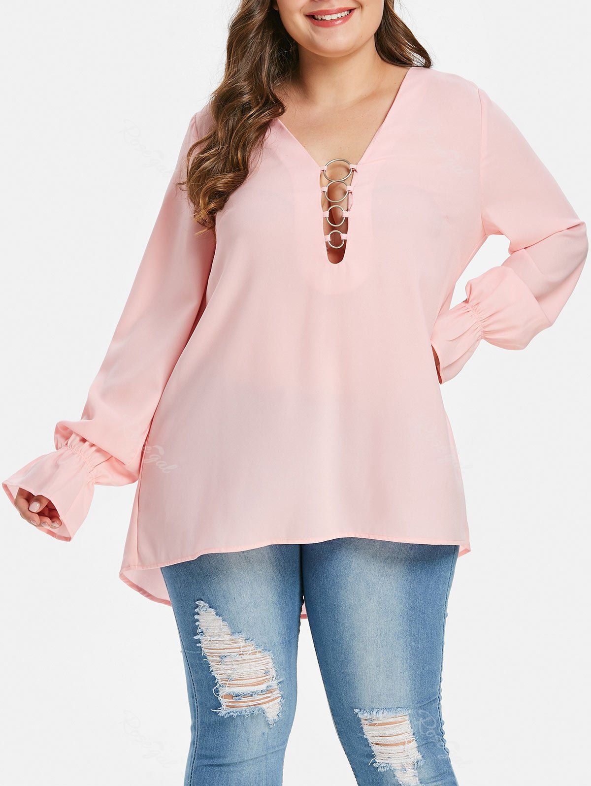 

Plus Size Plunge O Ring Blouse, Pink