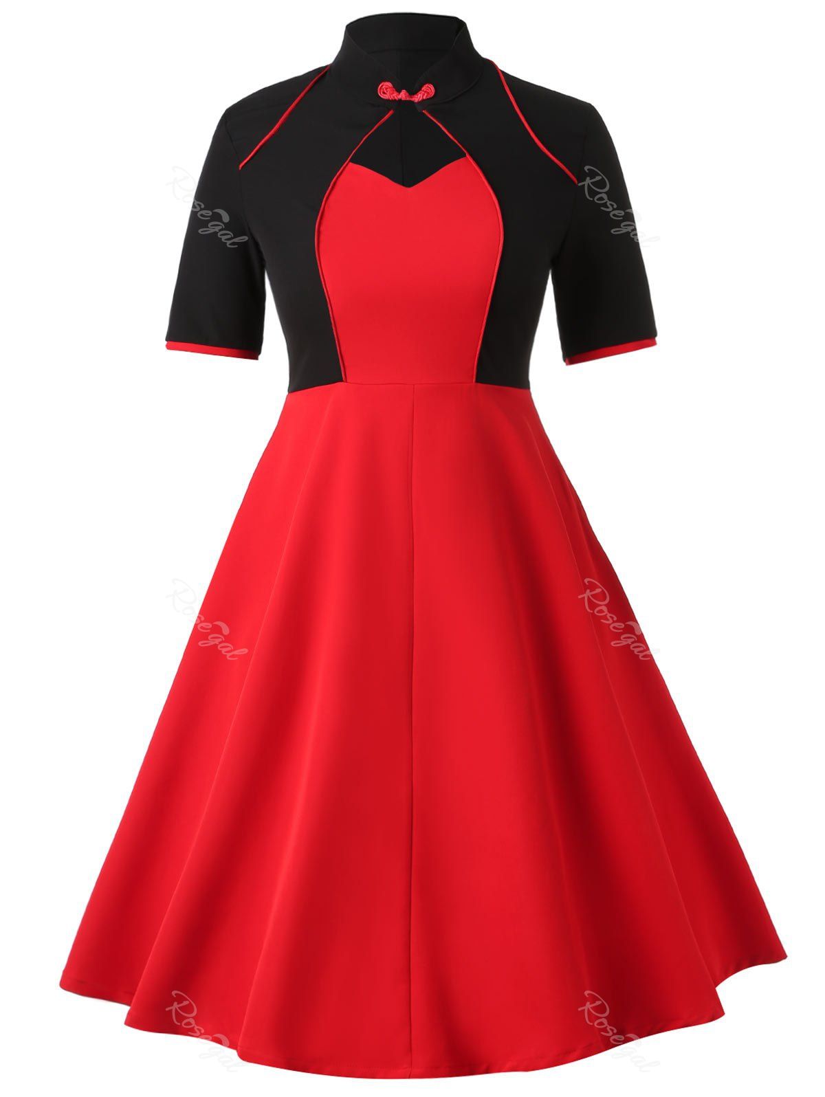 

Plus Size Vintage Keyhole Contrast Flare Dress, Red