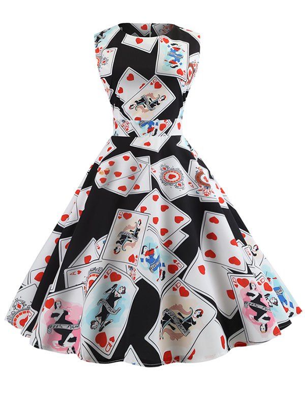 

Vintage Poker Print High Waist Swing Dress, Black