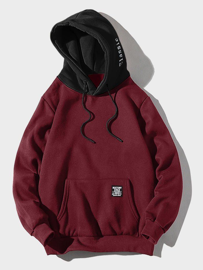 

Contrast Letter Patch Detail Kangaroo Pocket Fleece Hoodie, Red wine