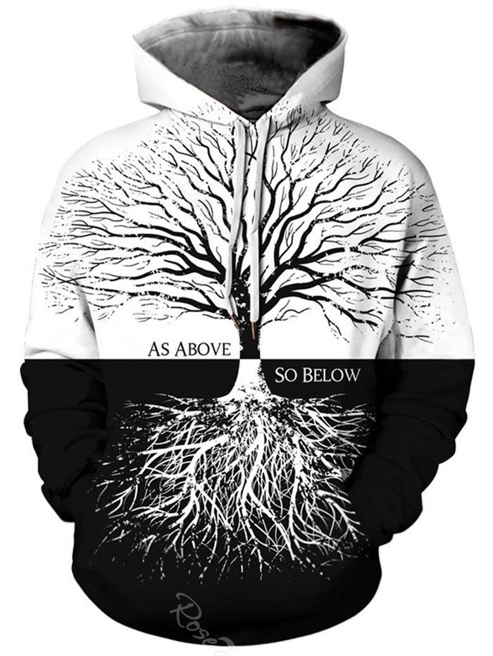 

Plus Size Life Tree Print Pocket Hoodie, Black