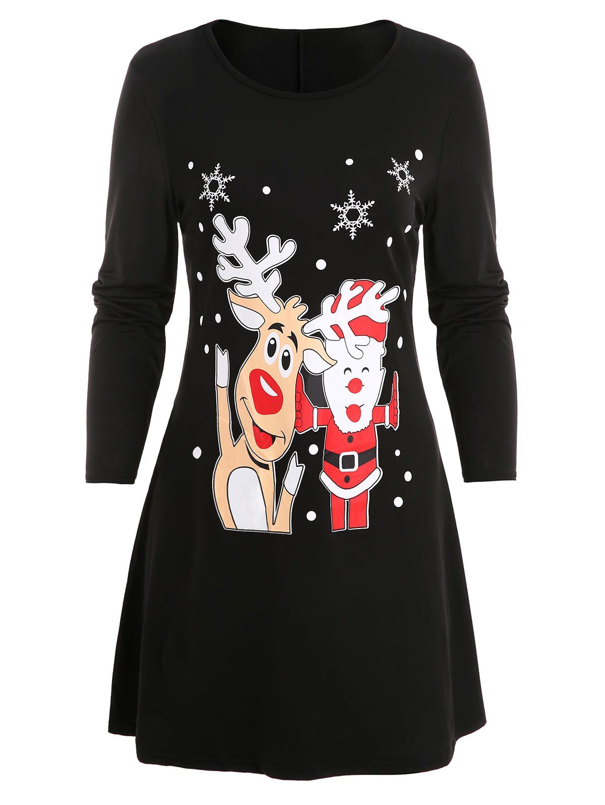 

Christmas Elk Santa Claus Print T-shirt Dress, Black