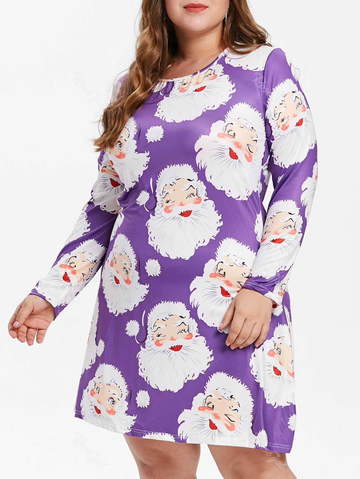 

Santa Claus Print Mini Plus Size Swing Skater Dress, Purple