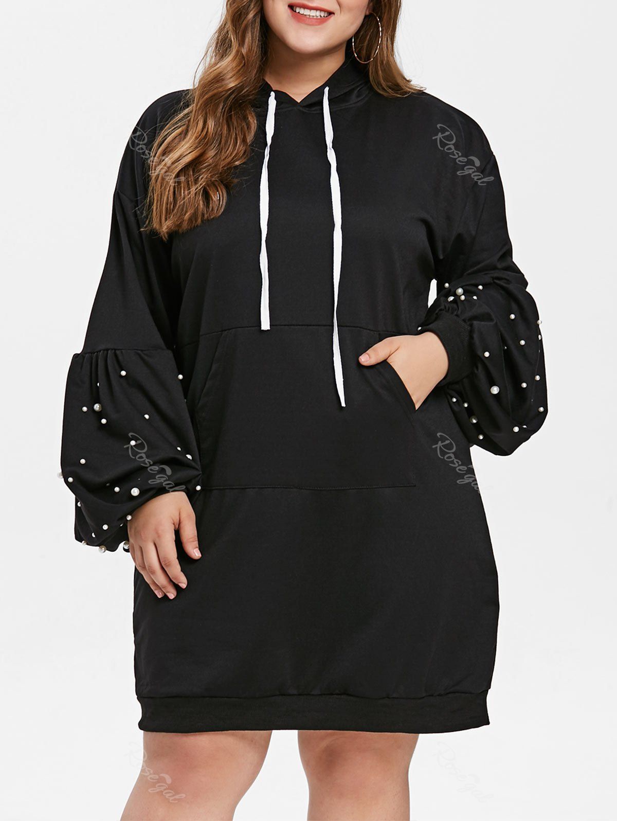 

Plus Size Longline Faux Pearl Hoodie, Black