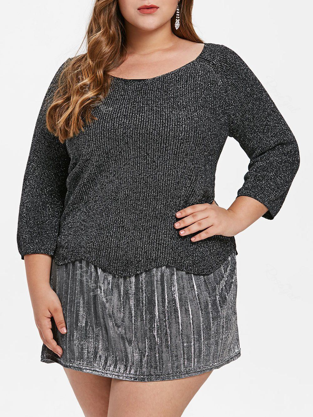 

V Neck Plus Size Two Piece Dress, Black