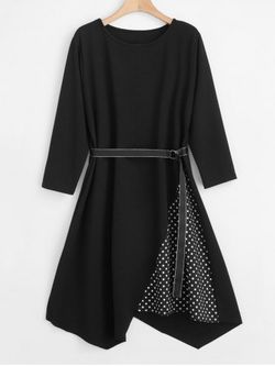 Plus Size Polka Dot Asymmetrical Belted Dress - BLACK - L