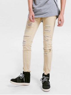 Zipper Embellished Skinny Ripped Jeans - LIGHT KHAKI - 40