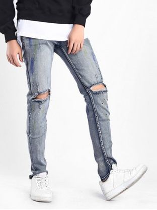 Colored Drawing Stretchy Destroyed Hole Jeans