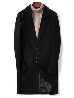 Solid Color Single Breasted Flap Pocket Woolen Coat - BLACK - XS