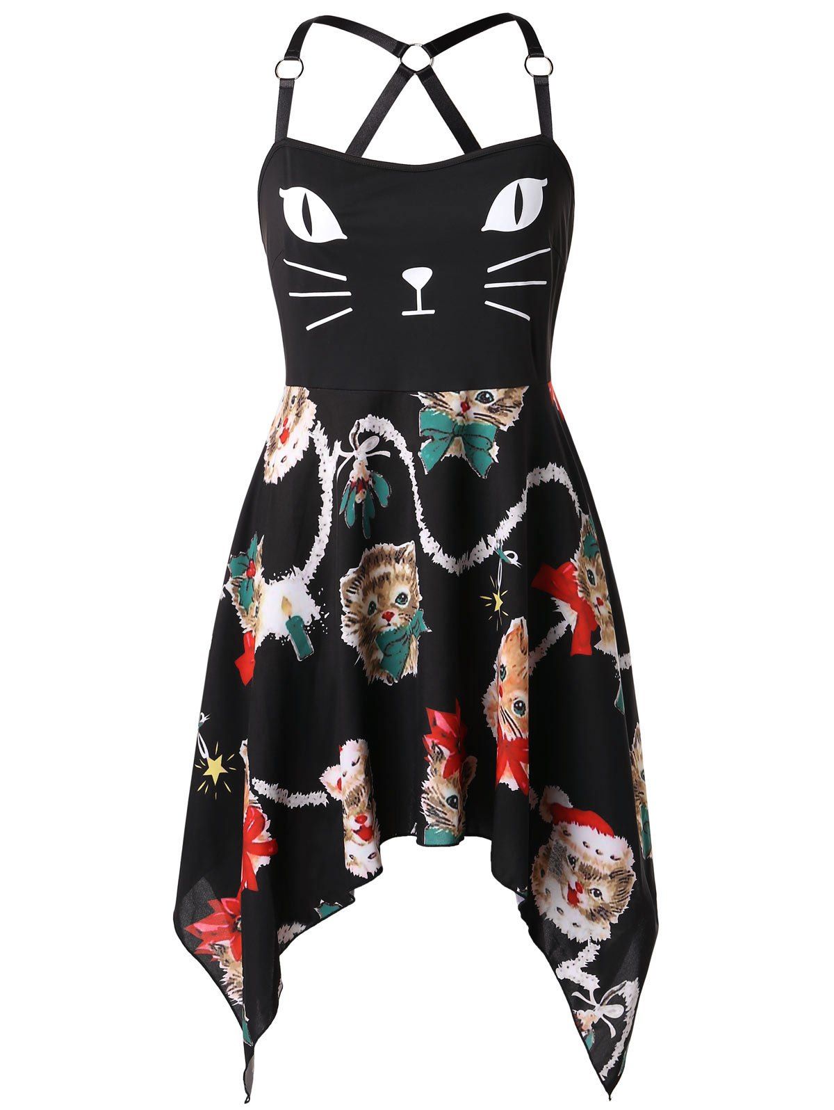 

Plus Size Cartoon Cat Backless Christmas Cami Handkerchief Dress, Black
