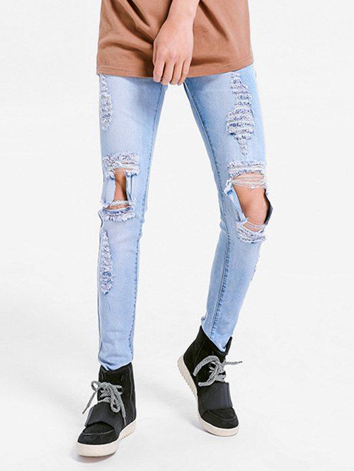 

Solid Color Skinny Ripped Jeans, Light blue