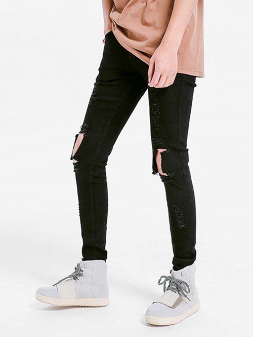 

Solid Color Skinny Ripped Jeans, Black