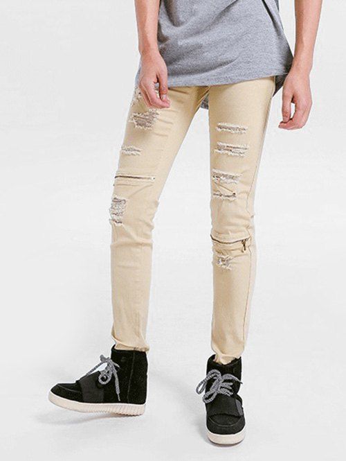 

Zipper Embellished Skinny Ripped Jeans, Light khaki