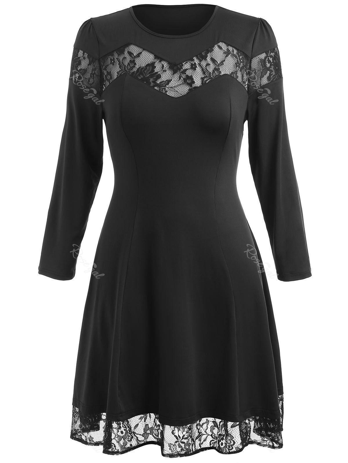 

Plus Size Lace Panel Long Sleeve Dress, Black