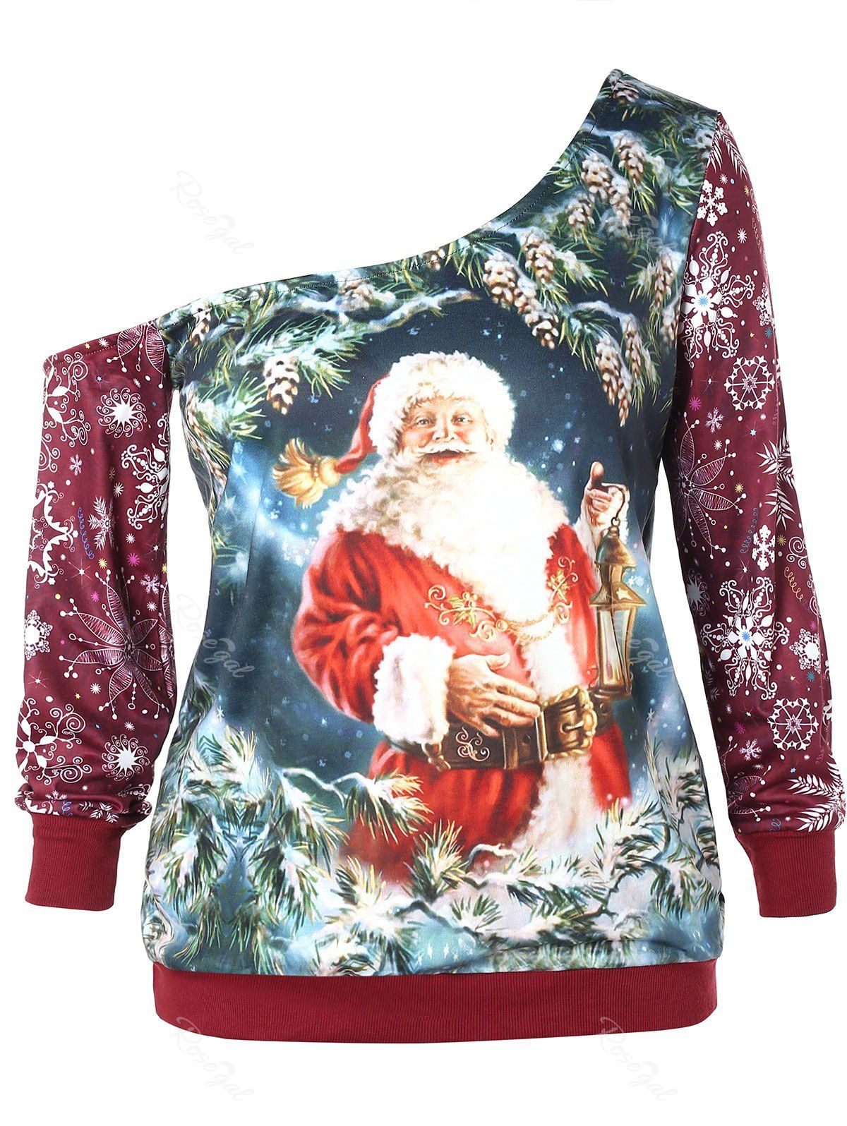 skew neck santa claus snowflake pullover christmas sweatshirt