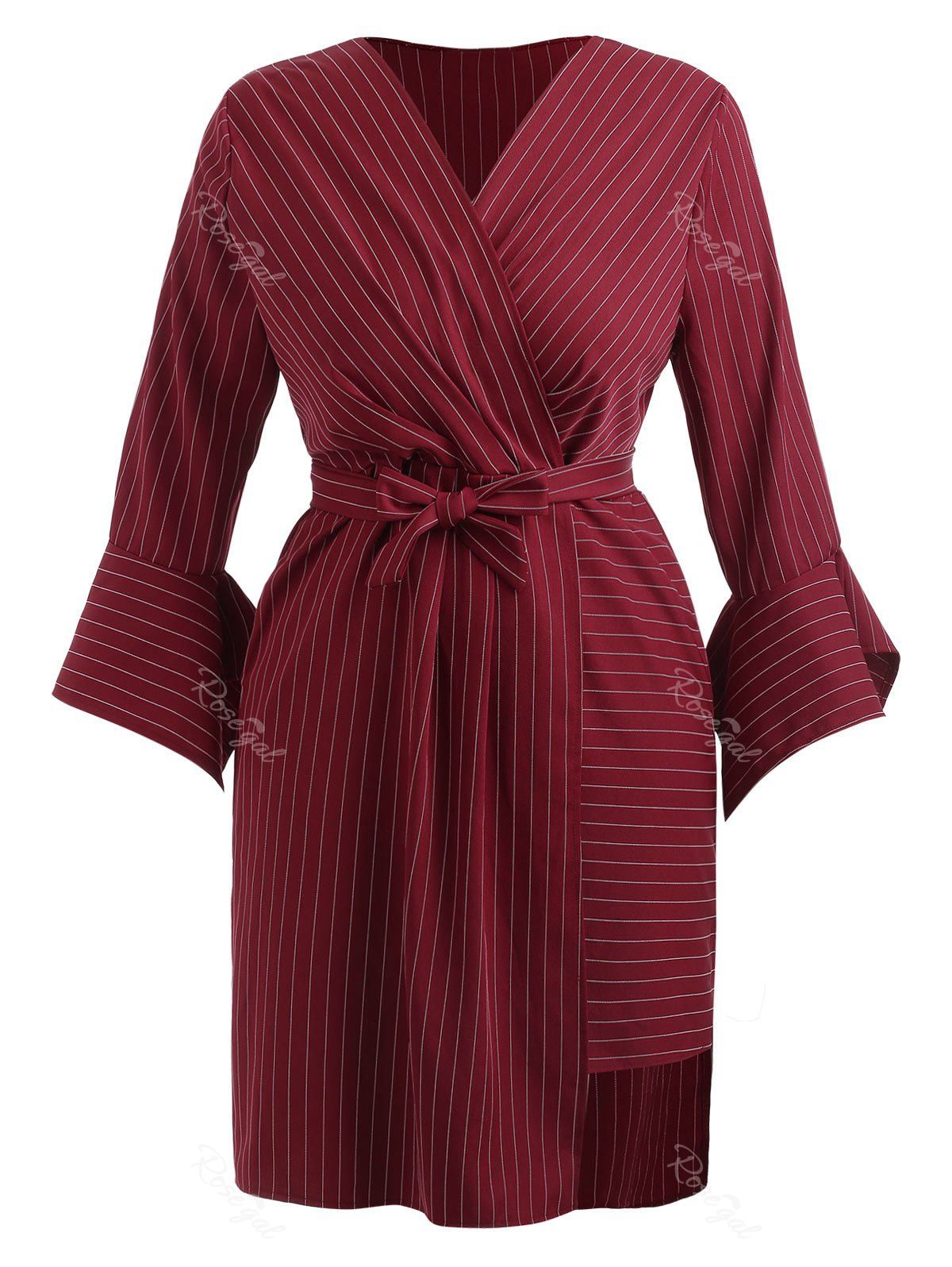 

Plus Size Flare Sleeve Stripe Surplice Dress, Red wine