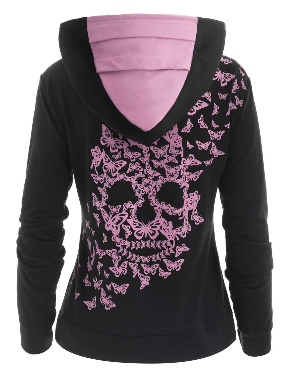 

Butterflies Skull Print Funnel Hoodie, Light pink