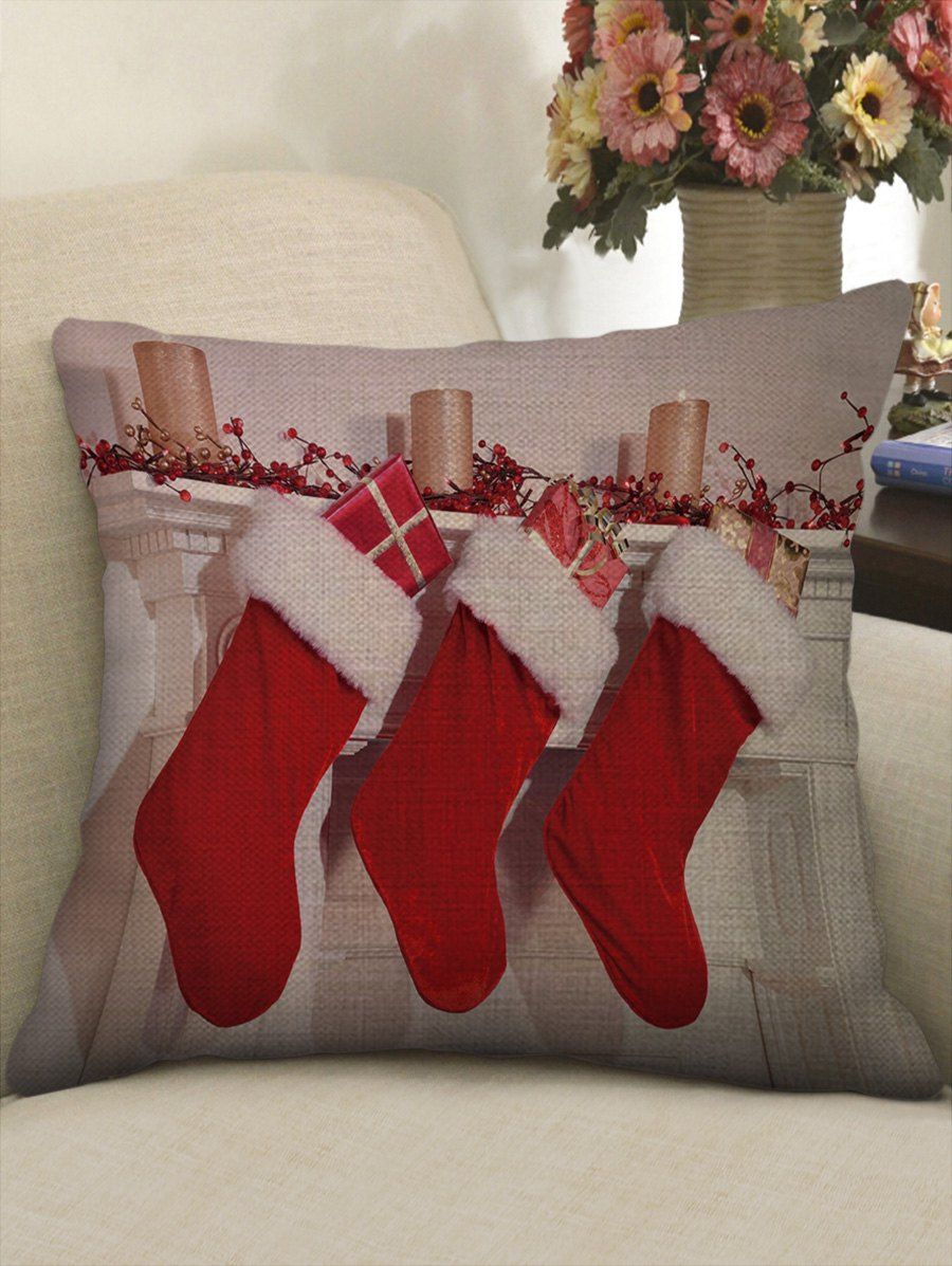 

Christmas Socks Gifts Candles Print Throw Pillow Case, Multi