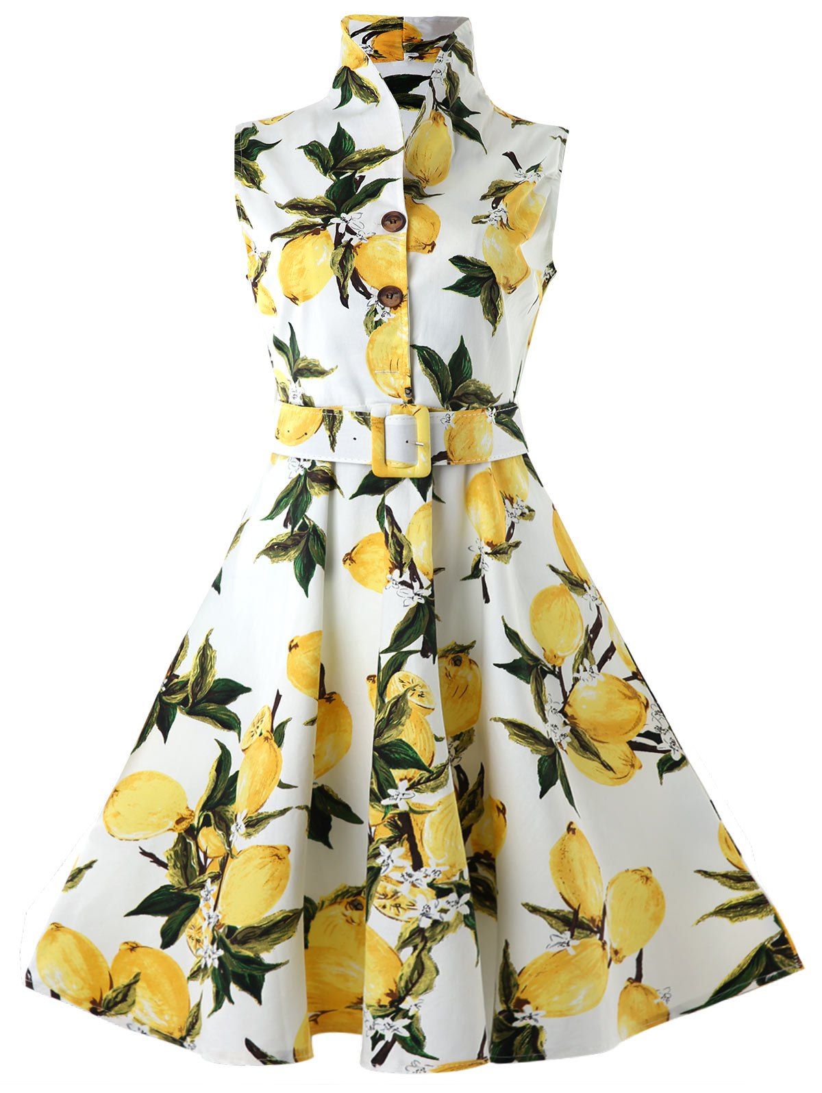 

Printed Lapel Neck A Line Dress with Belt, Multi