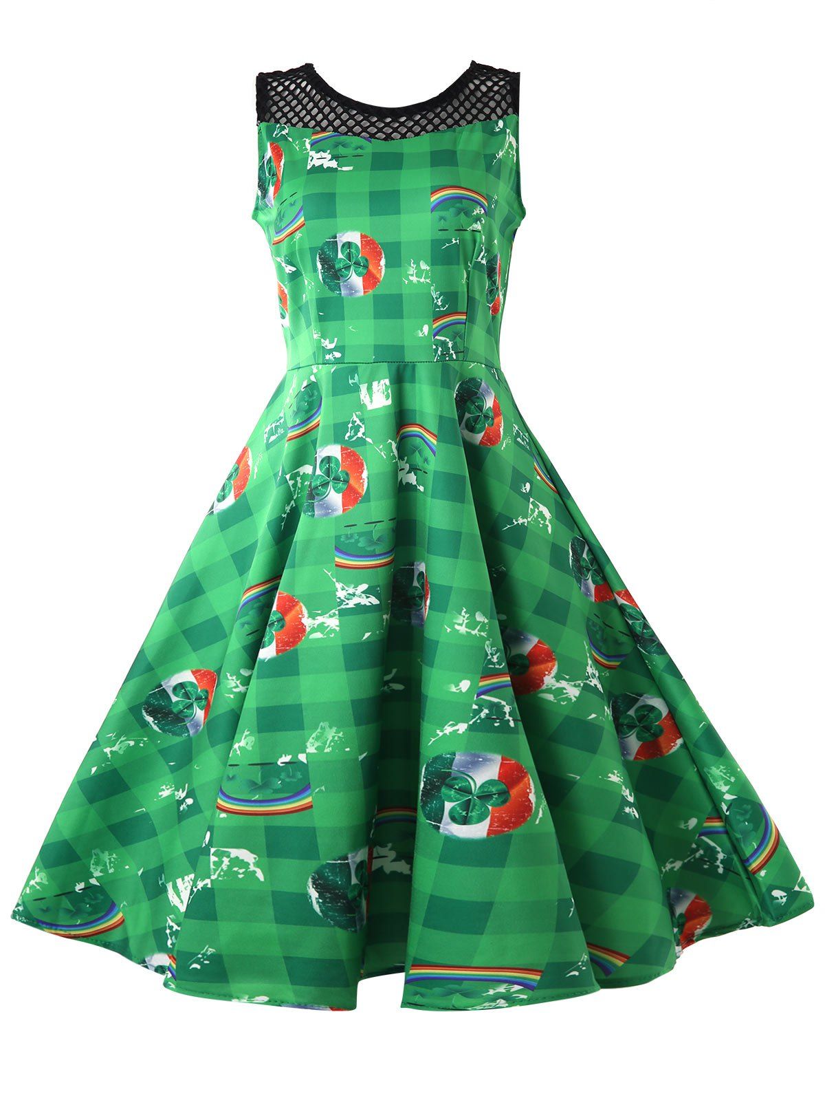 

Mesh Panel Printed A Line Dress, Deep green