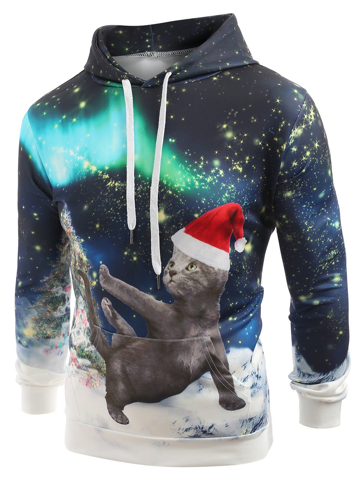 

Looking Up Cat with Christmas Hat Print Casual Hoodie, Multi