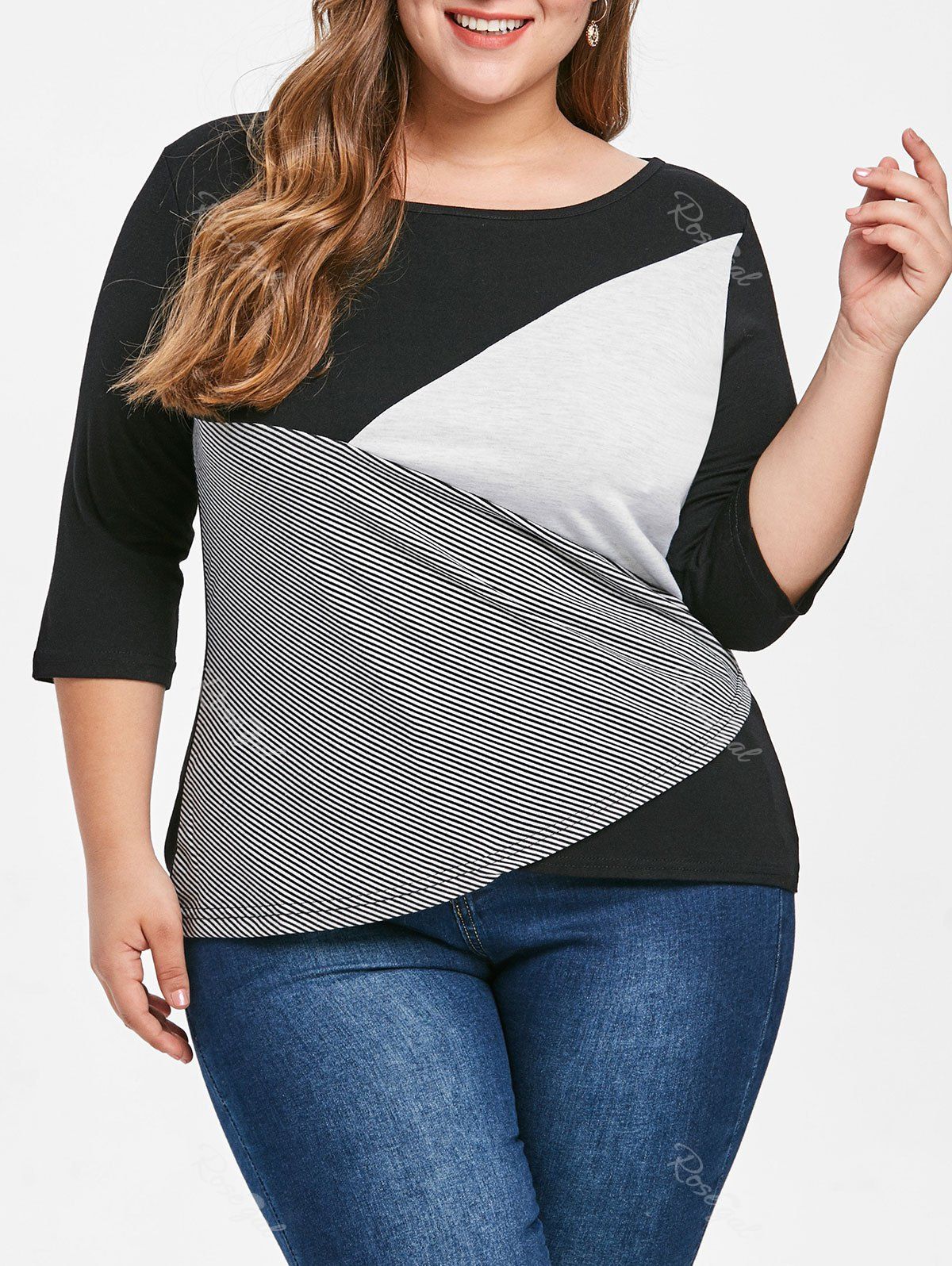 

Plus Size Scoop Neck Patchwork Top, Black