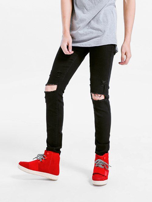 

Stretchy Destroyed Hole Skinny Jeans, Black