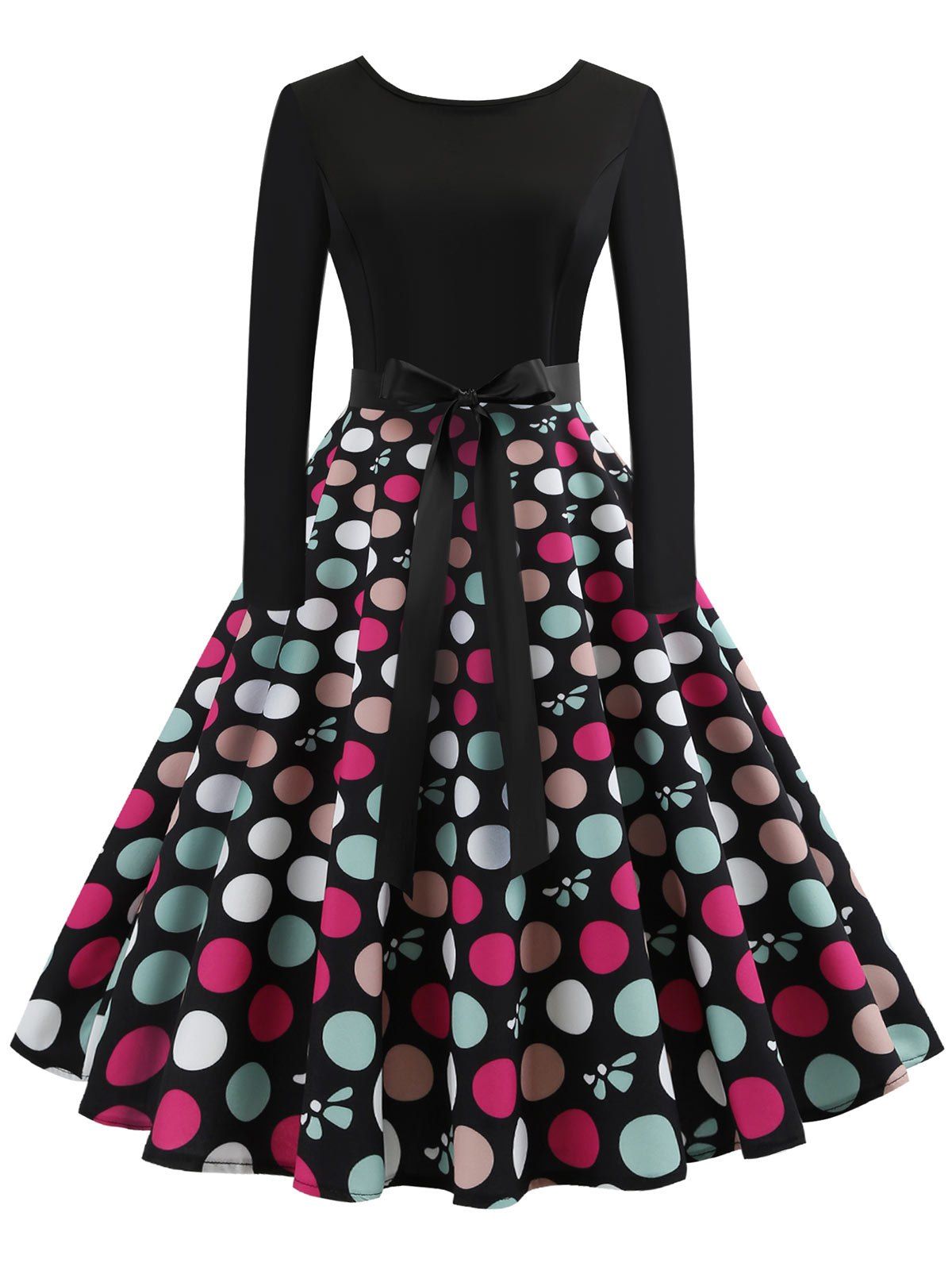 

Vintage Belted Polka Dot Swing Dress, Black