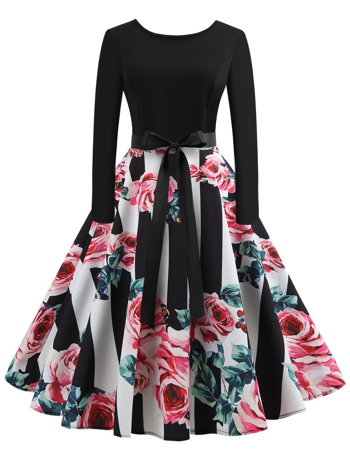 

Vintage Floral Print Belted 1950s Dress, Black