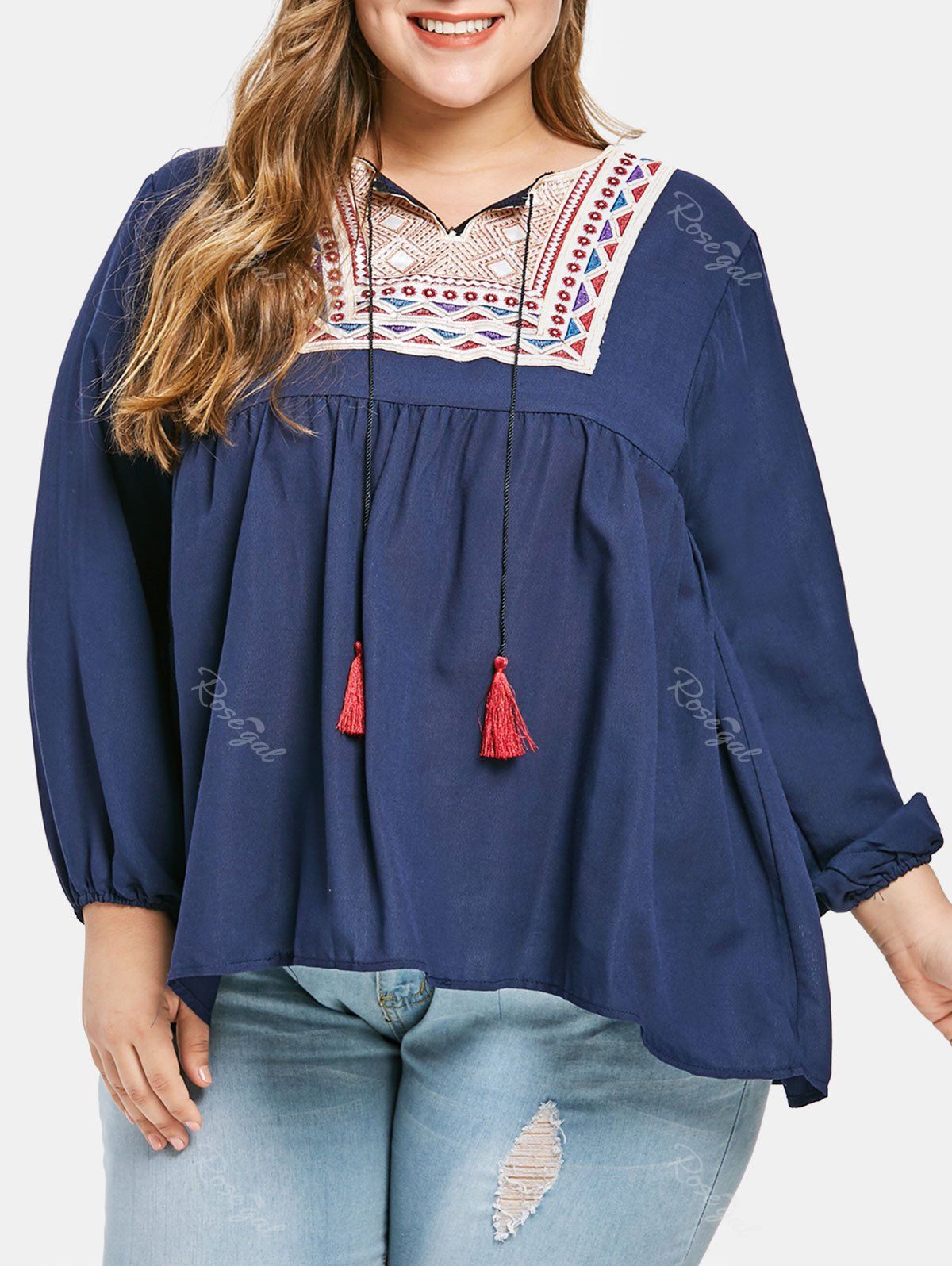 

Embroidery Plus Size Drawstring Shirt, Cadetblue