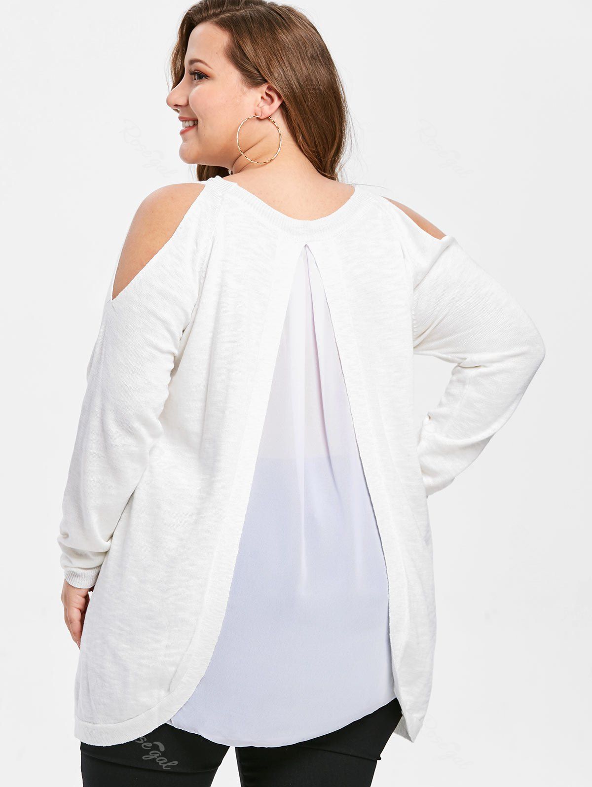

Plus Size Cold Shoulder Back Slit Sweater, White
