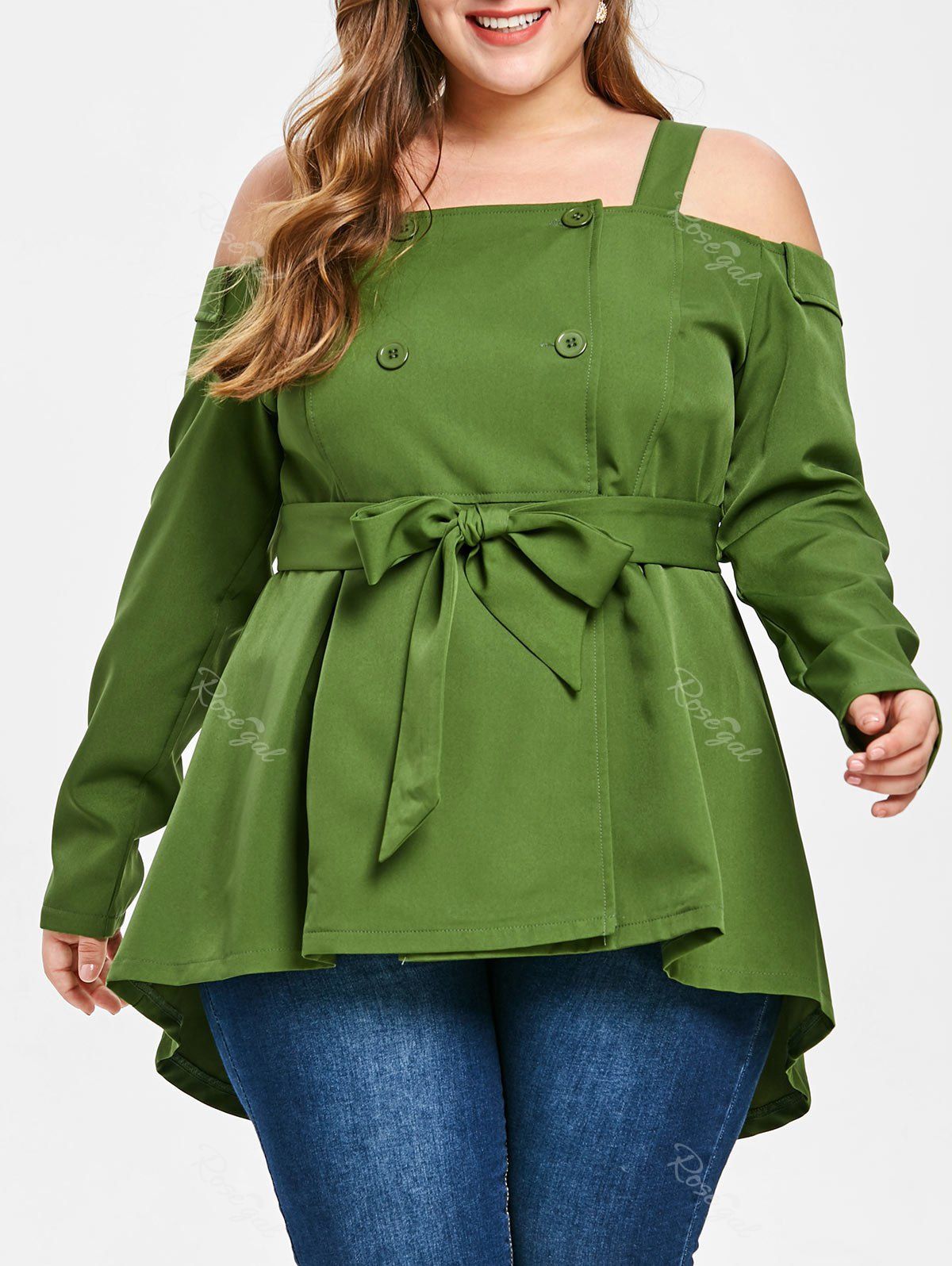 

Plus Size Open Shoulder Double Breasted Blouse, Green