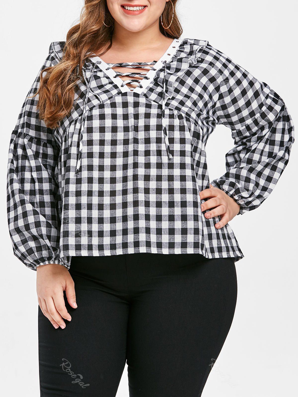 

Plus Size Lace Up Plaid Blouse, Black