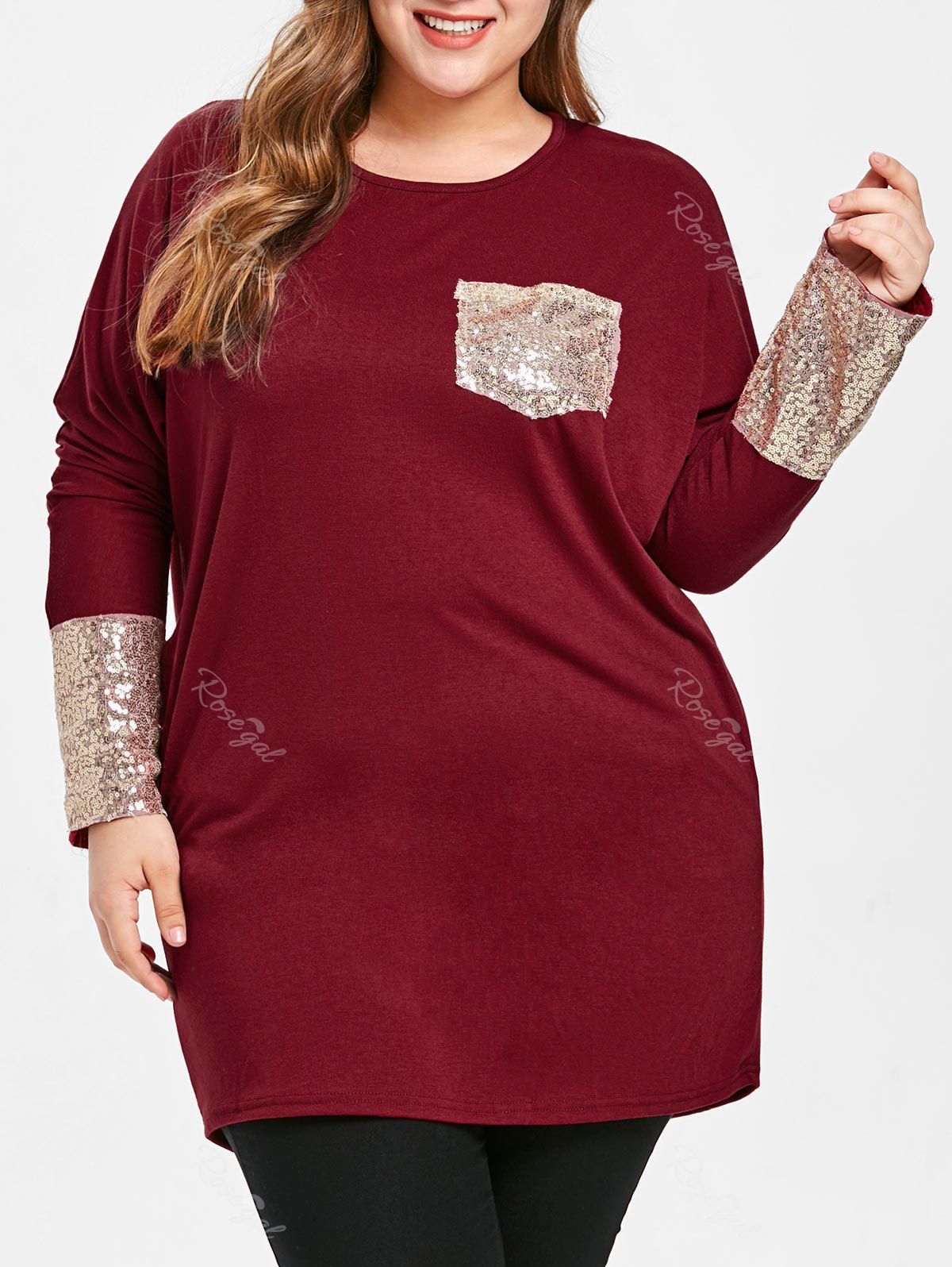 

Plus Size Sequins Long Sleeve T-shirt, Red wine