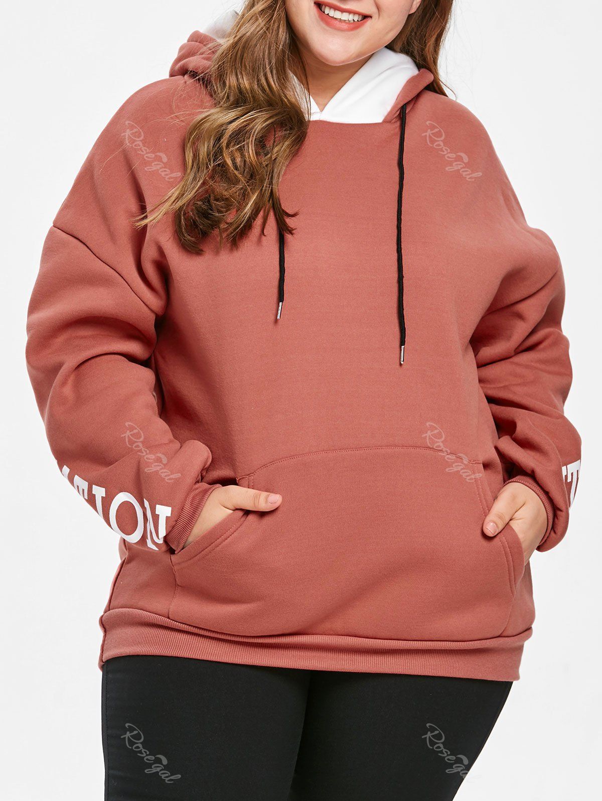 

Back Letter Print Plus Size Drop Shoulder Hoodie, Chestnut red