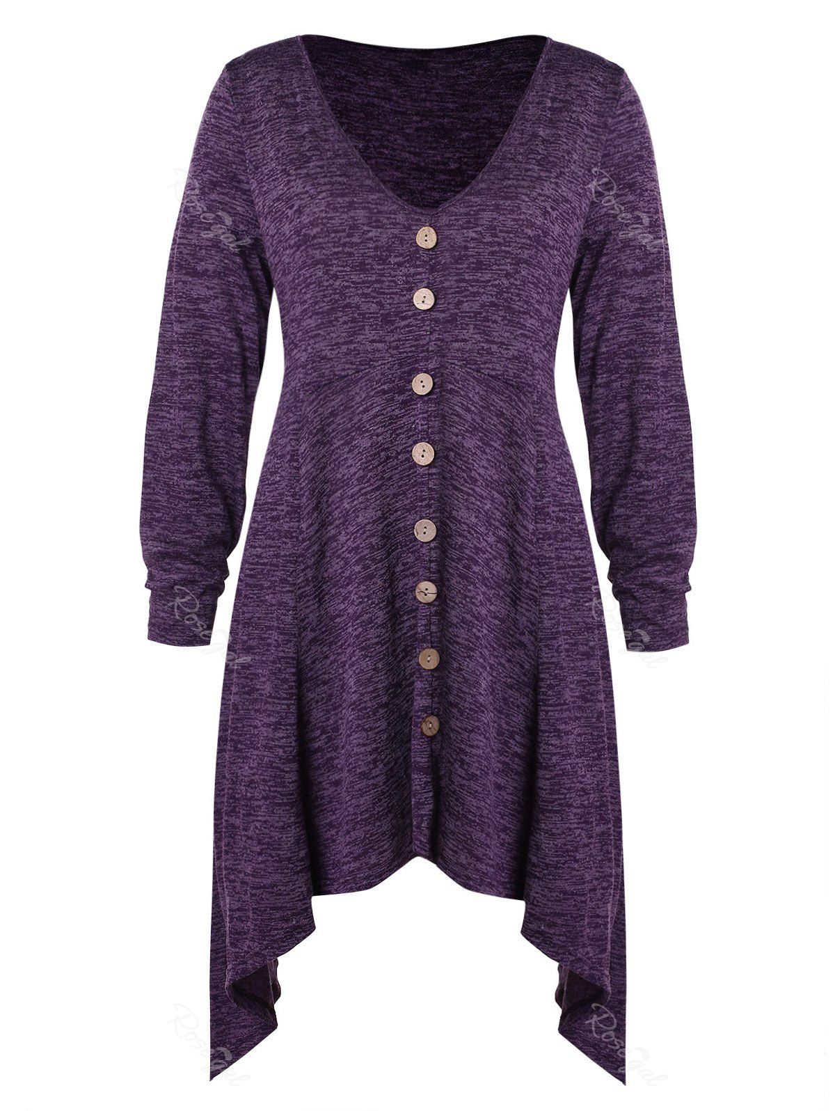 

Plus Size Buttons Asymmetrical Space Dyed T-shirt, Purple iris