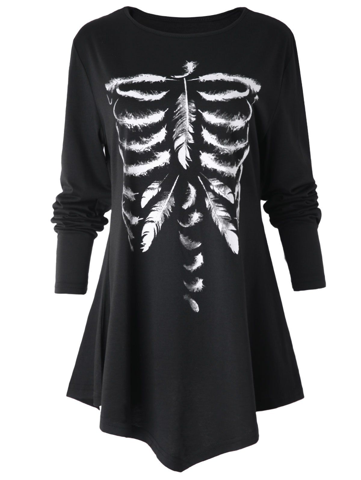 

Asymmetrical Feather Skeleton Print T-shirt, Black