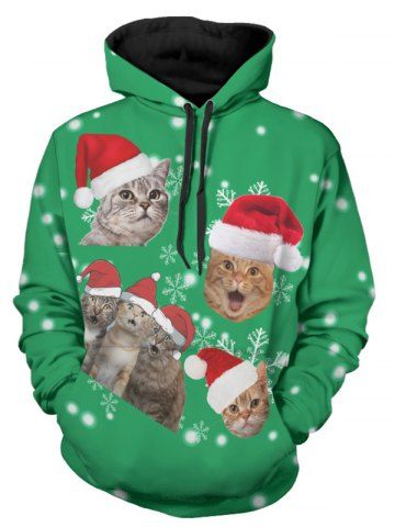 Christmas Cats Print Long Sleeve Hoodie - GREEN - L