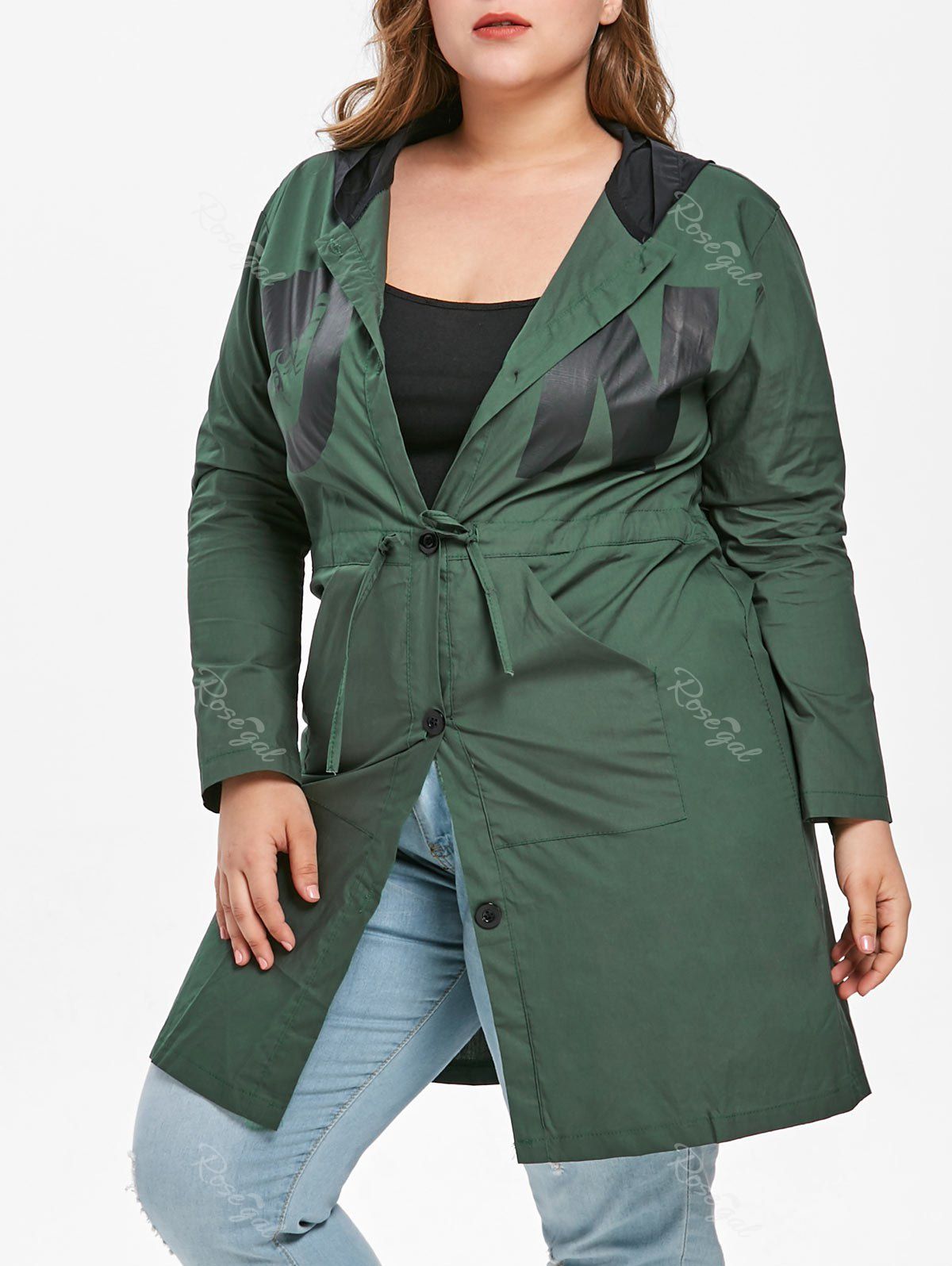 

Printed Plus Size Drawstring Waist Coat, Medium sea green