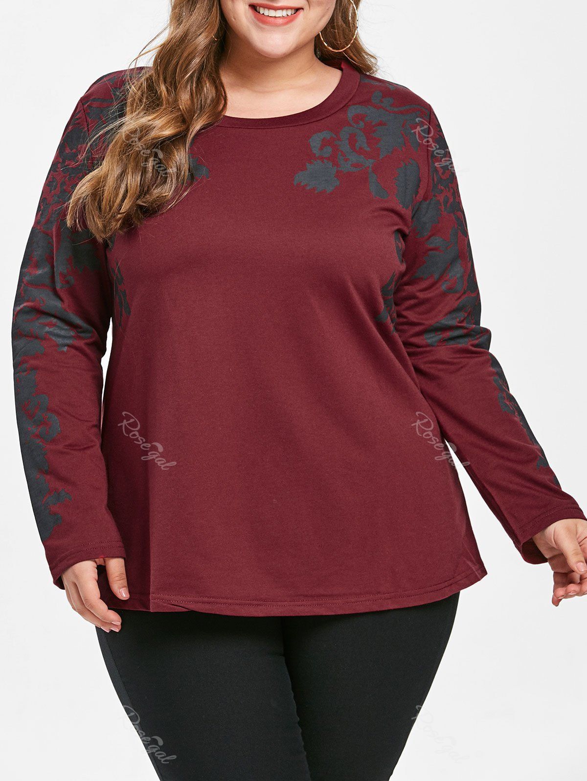 

Raglan Sleeve Plus Size Print Top, Deep red