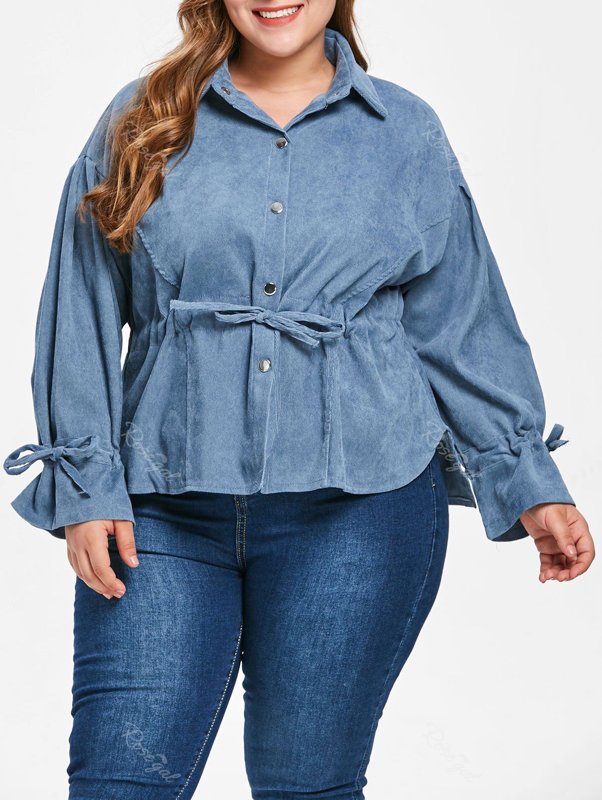 

Plus Size Corduroy Drawstring Blouse, Silk blue