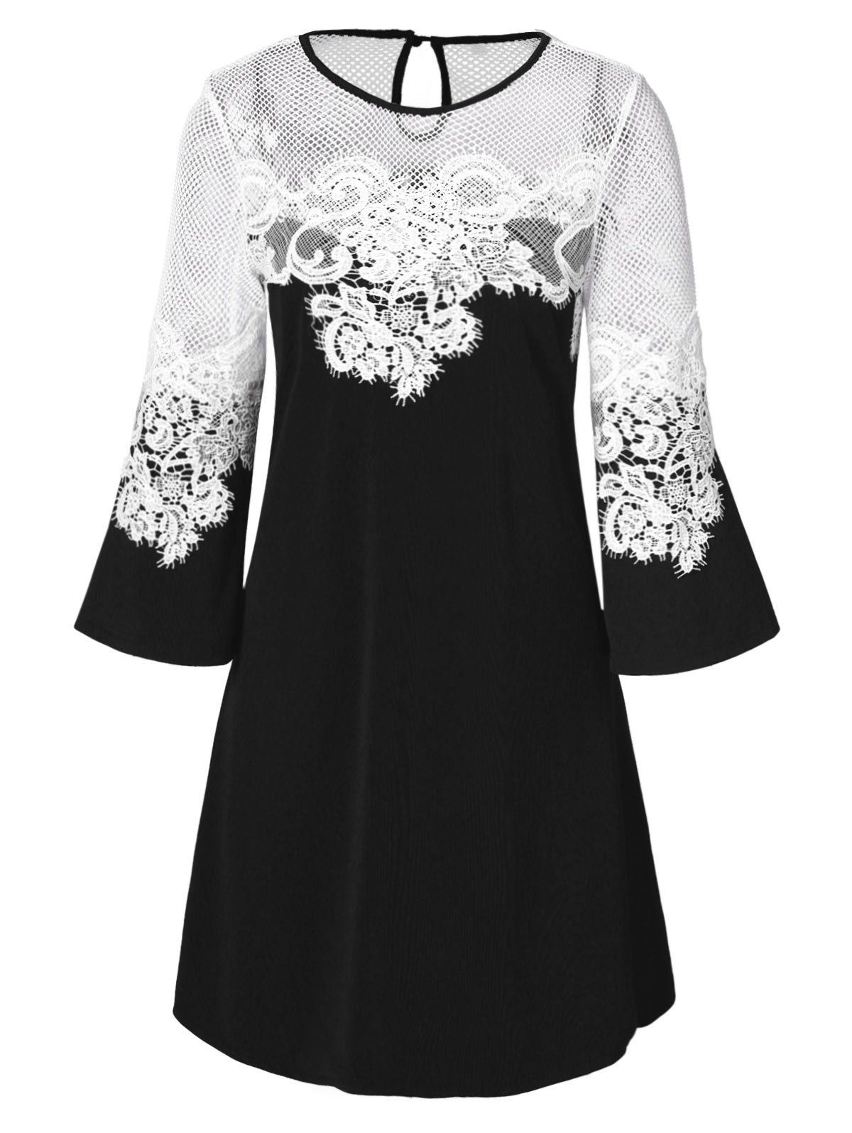 Lace Panel Openwork A Line Dress, Black