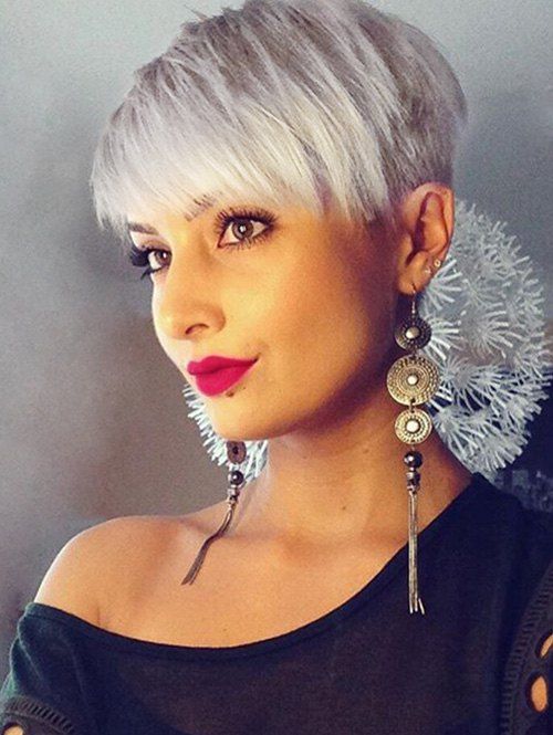 

Inclined Fringe Human Hair Short Straight Pixie Wig, White