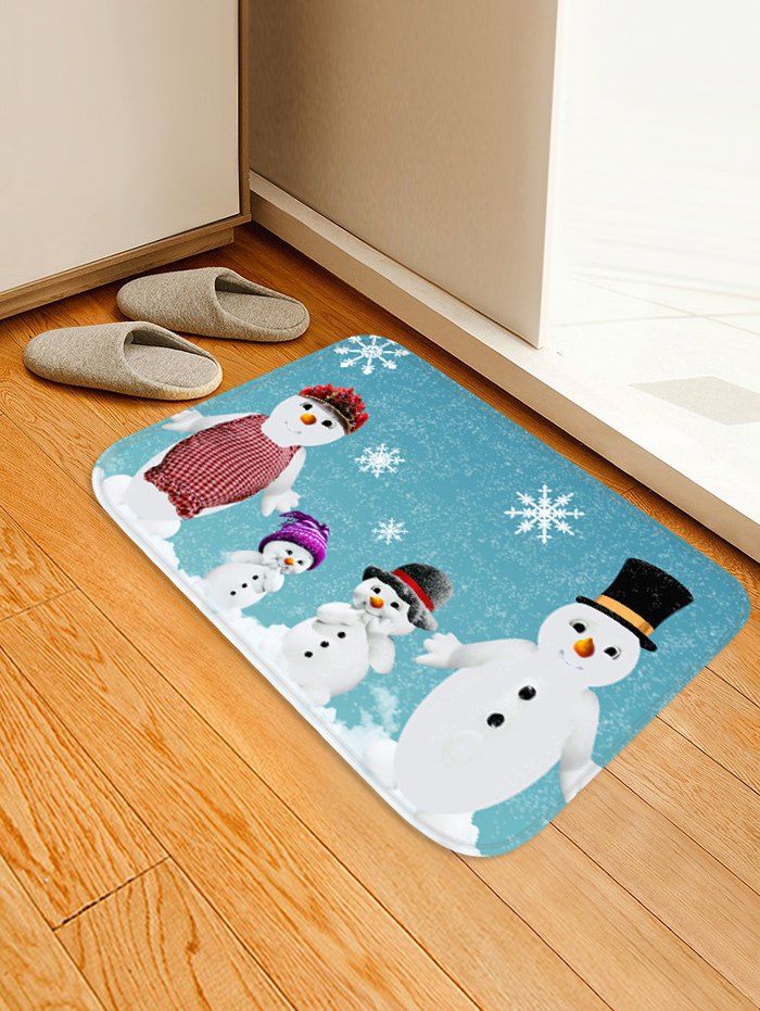 Christmas Snowflake Snowman Family Printed Floor Mat, Sky blue