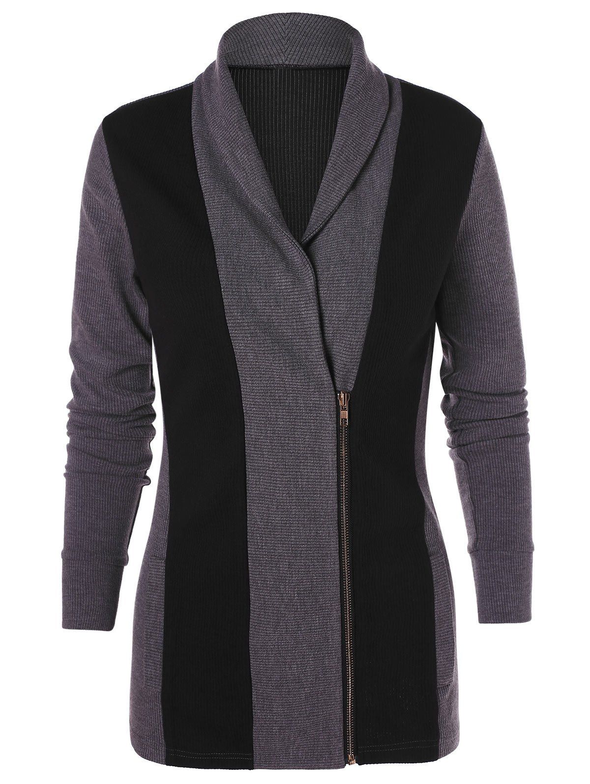 

Two Tone Zip Up Knit Cardigan, Gray